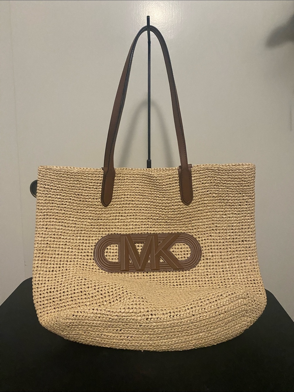 Michael Kors Natural Straw Tote with Brown Leather MK Logo